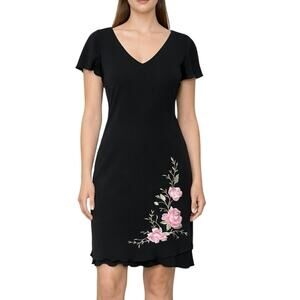 VTG S.L. Fashions Sz S Black Embroidered Dress Lettuce Hem 90s Whimsigoth Fairy